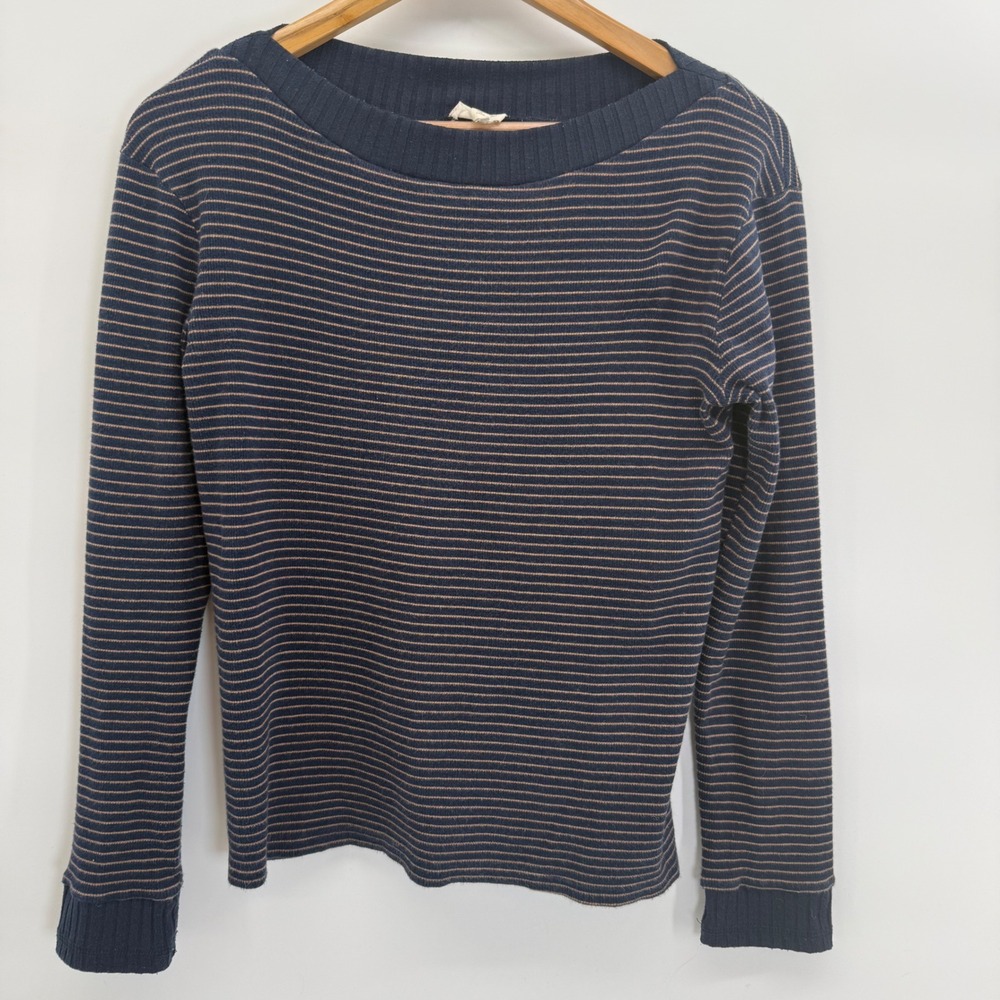 Hem & Thread Navy Blue Tan Striped Long Sleeve Ribbed Neck Top Small